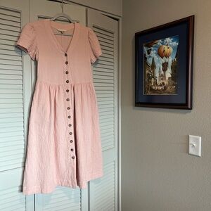 Women's Pink Button-Front V-Neck Midi Dress